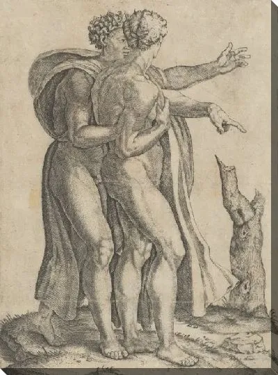 Картина Двое обнаженных мужчин, сыновья Ноя, стоят в профиль лицом вправо, оба указывают