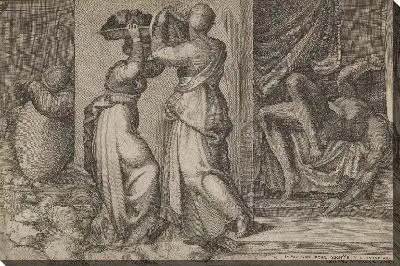 Картина Джудит отдает голову Олоферна на блюде, которое должно быть покрыто тканью, своему слуге, с ракурсом в обнаженном теле Олоферна справа