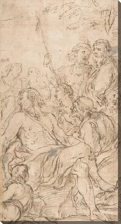 Картина Фрагмент композиции с лежащим полуобнаженным мужчиной в окружении солдат и других зрителей в пейзаже