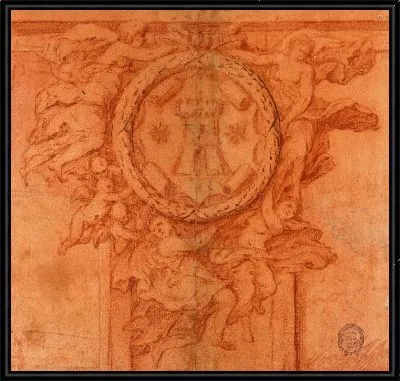 Картина Проект по отделке стен (Женские фигуры и медальон с путти-опорой с гербом)