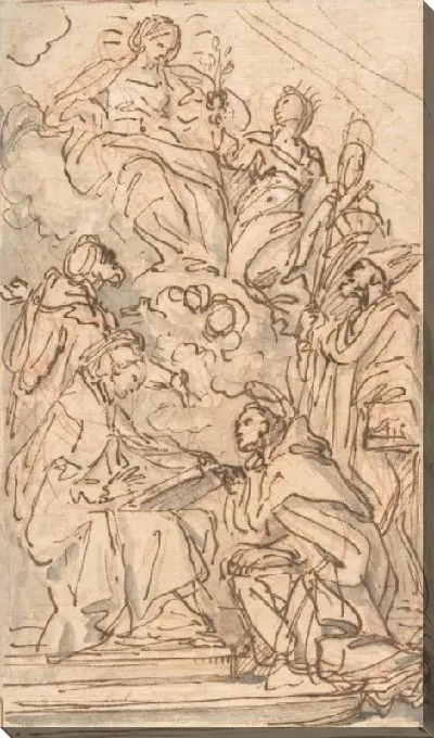 Картина Богоматерь с сопровождающей женщиной, явившейся четырем святым мужского пола