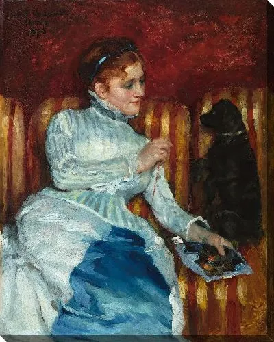 Картина Женщина на полосатом диване с собакой 