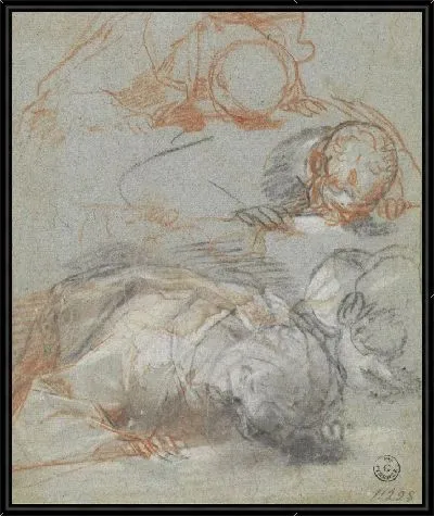 Три этюда сгибающегося рисунка и одного из его головы (для «Успения Богородицы», Милан, Collezione Castelbarco Albani)