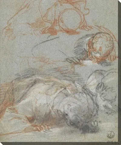 Три этюда сгибающегося рисунка и одного из его головы (для «Успения Богородицы», Милан, Collezione Castelbarco Albani)