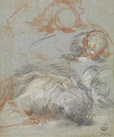 Три этюда сгибающегося рисунка и одного из его головы (для «Успения Богородицы», Милан, Collezione Castelbarco Albani)