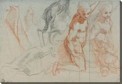 Картина Два фигурных этюда, один обнаженный, а другой одетый с путто в руках (для "Мадонны дель Пополо", Флоренция, Галерея дельи Уффици); драпировка этюдов