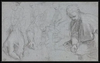 Картина Пять этюдов мужской фигуры и два его правой руки и предплечья (для “Мадонны дель Пополо”, Флоренция, Галерея дельи Уффици)