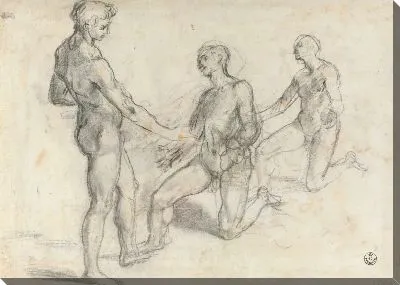 Картина Одно исследование стоящей обнаженной мужской фигуры и два исследования стоящей на коленях обнаженной мужской фигуры (для «Призвания святого Андрея», Брюссель, Музеи королевских изящных искусств Бельгии)