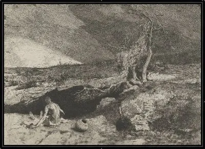 Картина Анахорет: полуобнаженный мужчина, сидящий слева на фоне пейзажа с чем-то похожим на длинную простыню, развернутую на коленях