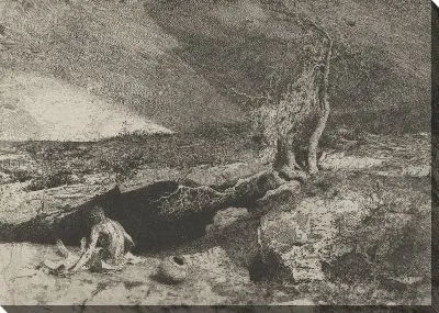 Картина Анахорет: полуобнаженный мужчина, сидящий слева на фоне пейзажа с чем-то похожим на длинную простыню, развернутую на коленях