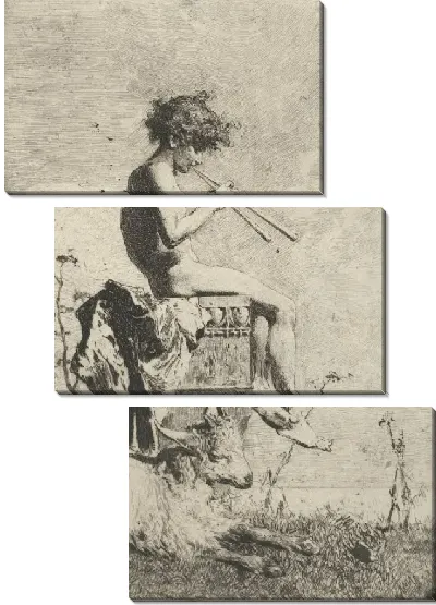 Картина Идиллия: голый юноша сидит на улице на постаменте, играющем на двойной флейте, козел на земле перед ним