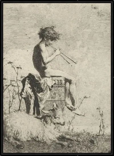 Картина Идиллия: голый юноша сидит на улице на постаменте, играющем на двойной флейте, козел на земле перед ним