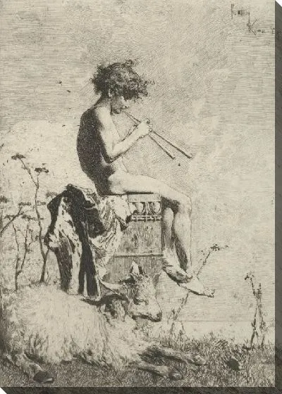 Картина Идиллия: голый юноша сидит на улице на постаменте, играющем на двойной флейте, козел на земле перед ним