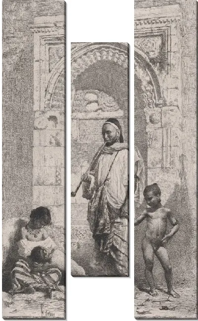 Картина Марокканская семья перед аркой, отец стоит, мать слева внизу держит ребенка