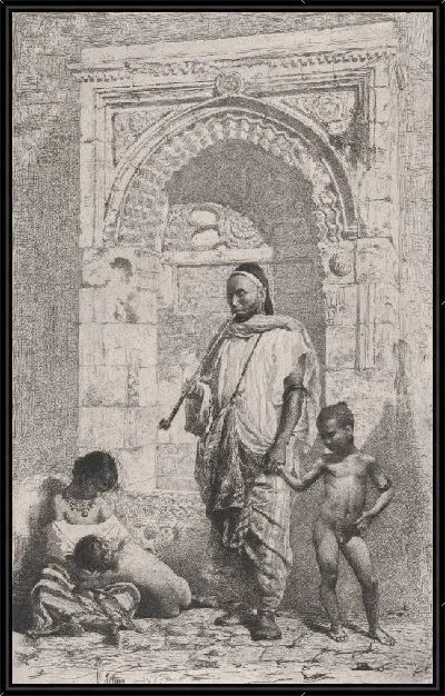 Картина Марокканская семья перед аркой, отец стоит, мать слева внизу держит ребенка