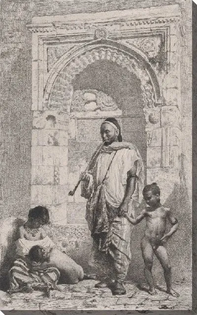 Картина Марокканская семья перед аркой, отец стоит, мать слева внизу держит ребенка