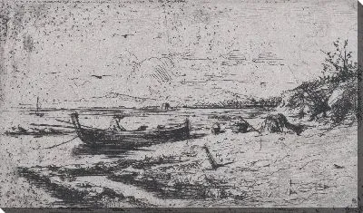 Картина Лодка у береговой линии пляжа или реки