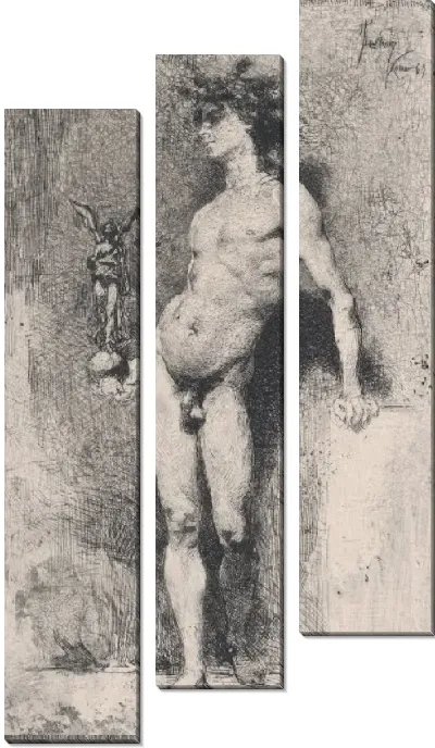 Картина Победа: голый юноша стоит лицом к левой стороне, держа в правой руке статую крылатой Победы