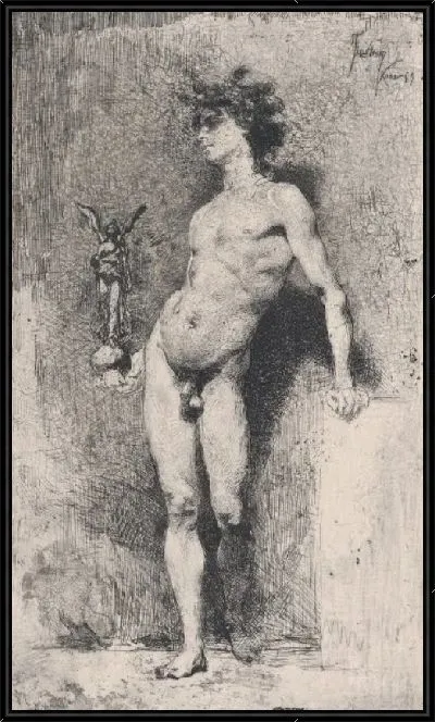 Картина Победа: голый юноша стоит лицом к левой стороне, держа в правой руке статую крылатой Победы