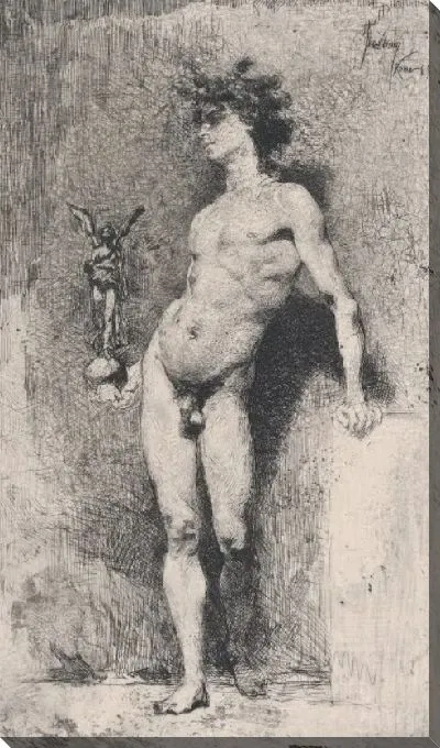 Картина Победа: голый юноша стоит лицом к левой стороне, держа в правой руке статую крылатой Победы