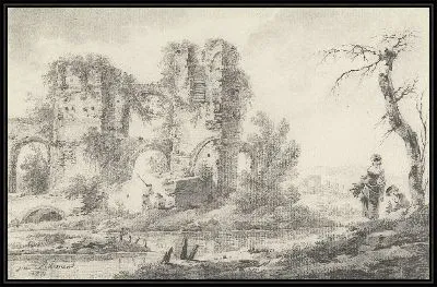 Картина Руина на реке с мальчиком и девочкой справа