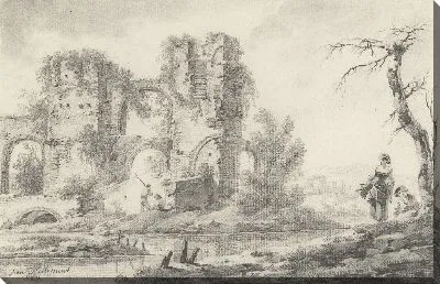 Картина Руина на реке с мальчиком и девочкой справа