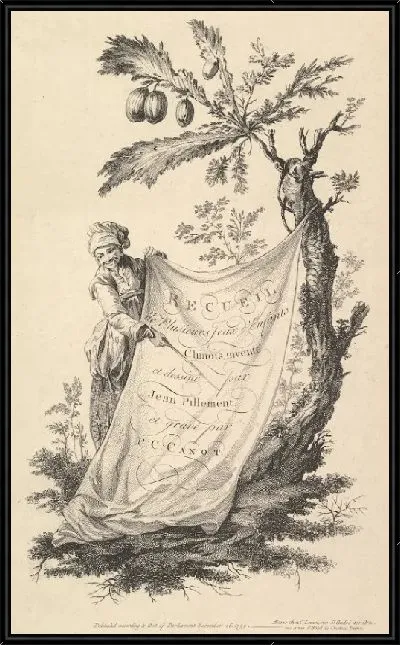 Картина Титульный лист: улыбающийся мужчина держит уголок ткани, привязанной к фиговому дереву, и указывает палкой на надпись на ткани: "Recueil de plusieurs jeux d'enfants chinois" в честь Жана Пиллема