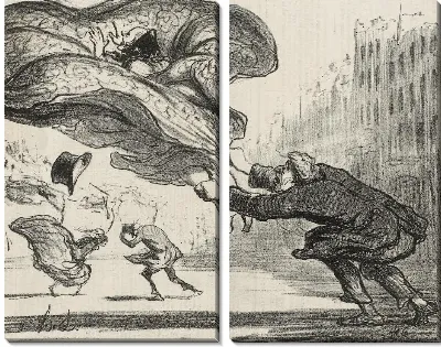 Картина Опасность ношения юбки во время ветров равноденствия (Опасность ношения пяльц во время внезапного весеннего шторма), табличка 383 из серии Actualités (Новости дня)