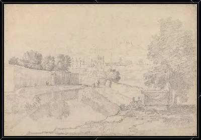 Итальянский пейзаж с рекой бегущей между высокой стеной слева и высоким берегом справа к маленькому городку с фигурами на берегах