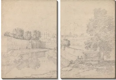 Итальянский пейзаж с рекой бегущей между высокой стеной слева и высоким берегом справа к маленькому городку с фигурами на берегах