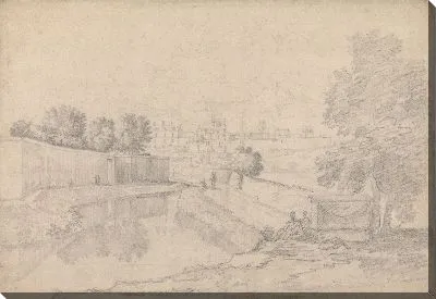 Итальянский пейзаж с рекой бегущей между высокой стеной слева и высоким берегом справа к маленькому городку с фигурами на берегах