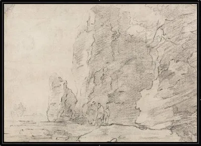 Картина Три фигуры, стоящие у скалистых утесов, два всадника в отдалении слева