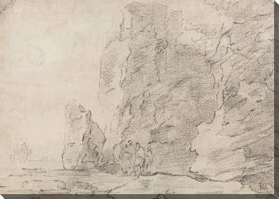 Картина Три фигуры, стоящие у скалистых утесов, два всадника в отдалении слева