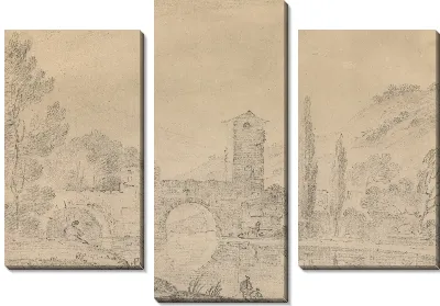 Картина Итальянский пейзаж с трехарочным мостом, мостовым домиком, фигурами на ближнем берегу и тополями на дальнем берегу