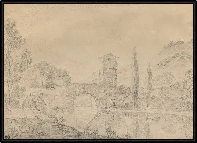 Итальянский пейзаж с трехарочным мостом, мостовым домиком, фигурами на ближнем берегу и тополями на дальнем берегу