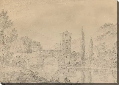 Итальянский пейзаж с трехарочным мостом, мостовым домиком, фигурами на ближнем берегу и тополями на дальнем берегу