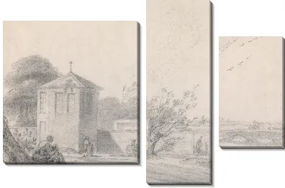 Картина Сцена на берегу реки с фигурами, шестиугольным зданием слева и конным фургоном, пересекающим мост справа