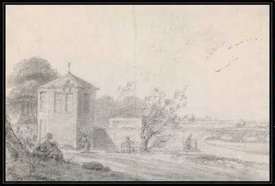 Сцена на берегу реки с фигурами, шестиугольным зданием слева и конным фургоном, пересекающим мост справа