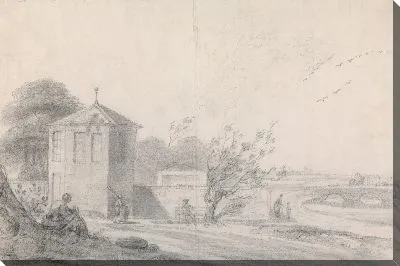 Сцена на берегу реки с фигурами, шестиугольным зданием слева и конным фургоном, пересекающим мост справа