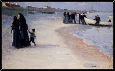 Картина Белая лодка на пляже. Легкий летний вечер 