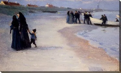 Картина Белая лодка на пляже. Легкий летний вечер 