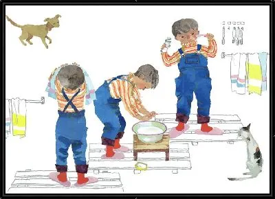 Мальчик умывает лицо 