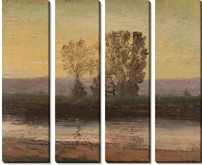 Картина Пейзаж в сумерках с рекой и гроздьями деревьев 