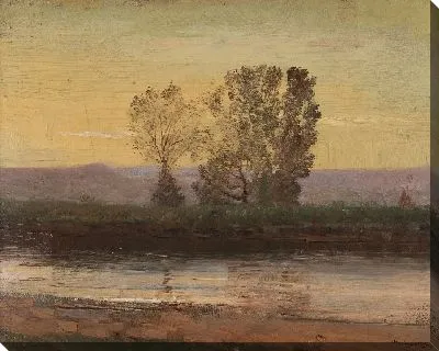 Пейзаж в сумерках с рекой и гроздьями деревьев 