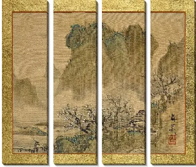 Картина Загородный дом в долине с цветущей сливой 