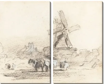 Картина Телега с двумя лошадьми возле мельницы