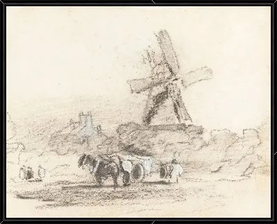 Телега с двумя лошадьми возле мельницы