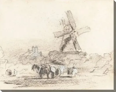 Телега с двумя лошадьми возле мельницы