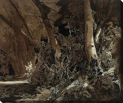 Картина Лесной пейзаж с проточной водой и двумя охотниками