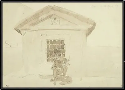 Спящий человек с собакой перед склепом в Неми